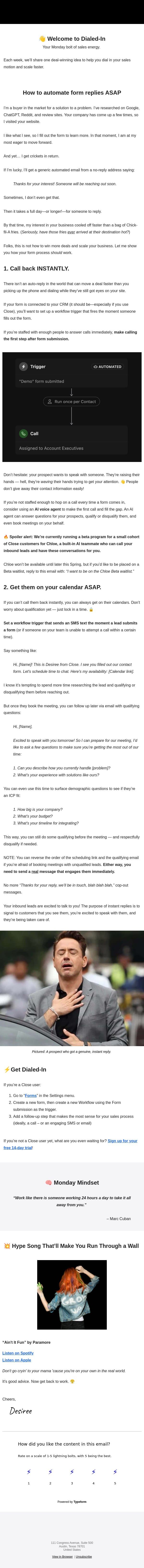 A lead fills out your form - now what? email from Close screenshot