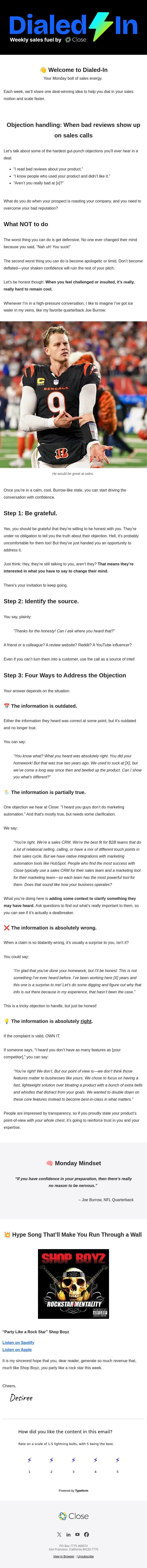 When bad reviews show up on sales calls email from Close screenshot