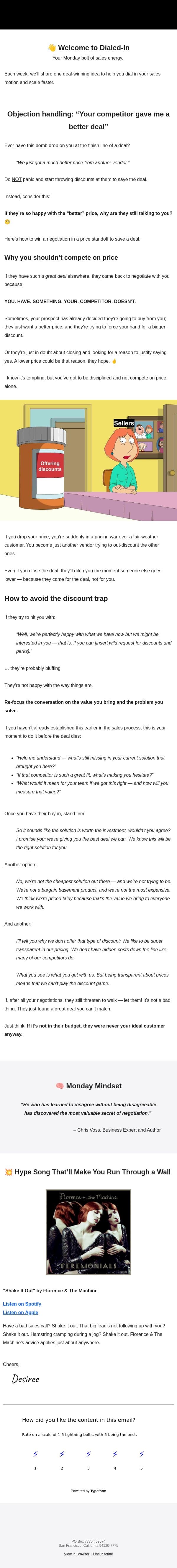 How to negotiate a price objection email from Close screenshot
