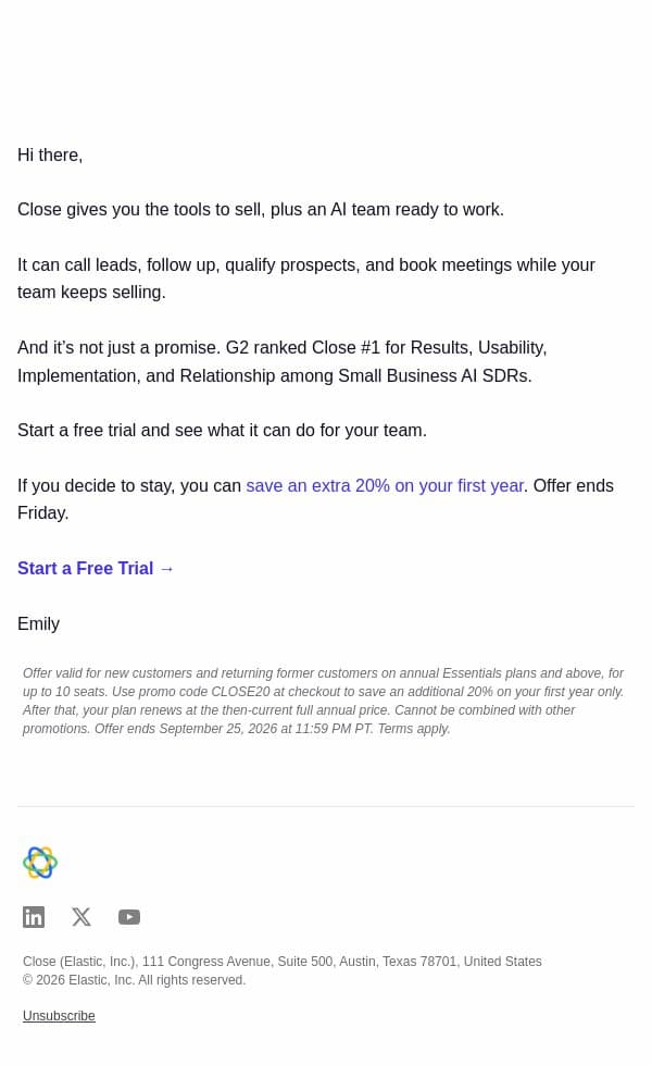 Your sales team just got bigger email from Close screenshot