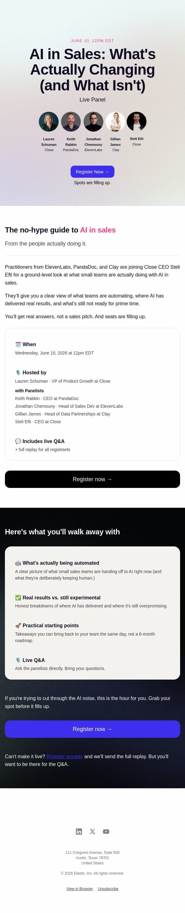 Seats are filling up: AI in Sales Live Panel, June 10 email from Close screenshot