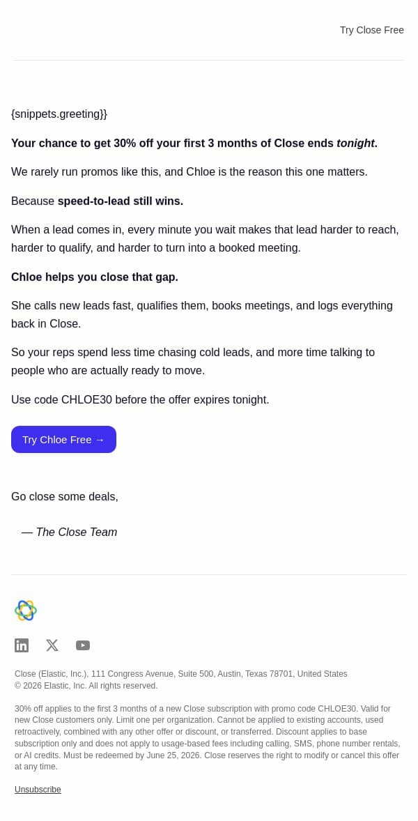 This ends tonight email from Close screenshot