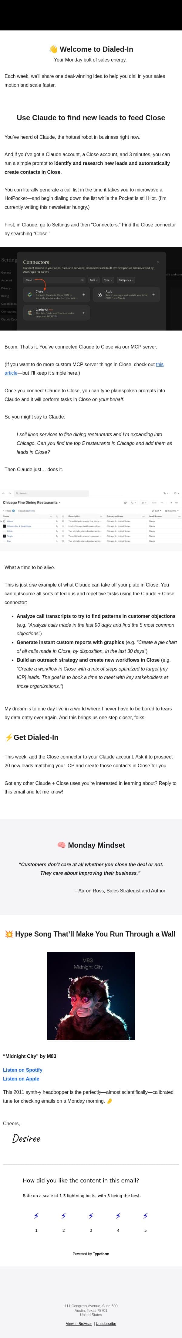 Use Claude to find new leads to feed Close email from Close screenshot