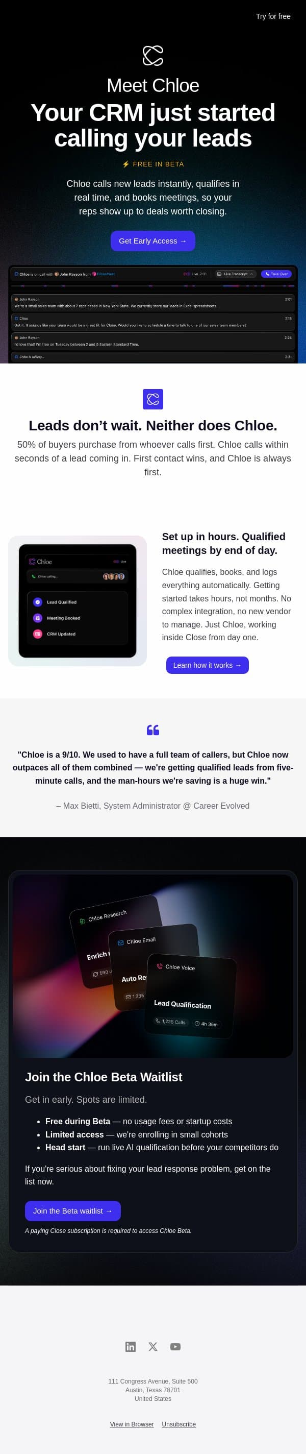 Your CRM just started calling your leads email from Close screenshot