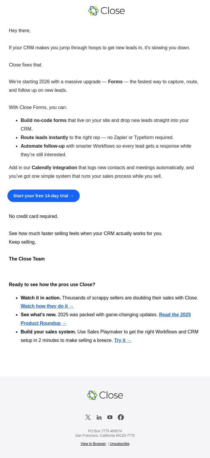 New year. New Close. NEW FORMS email from Close screenshot
