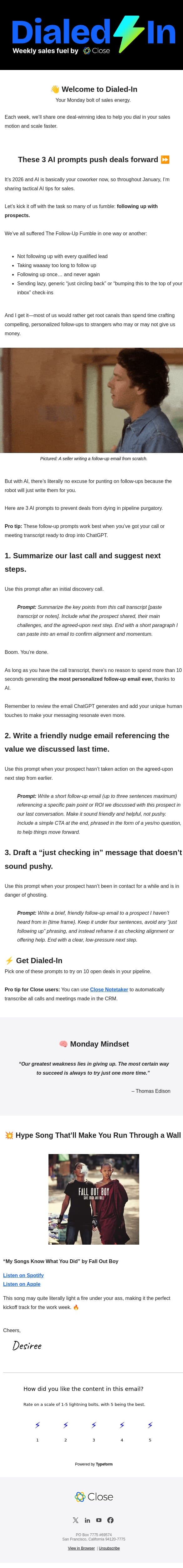 These 3 AI prompts push deals forward email from Close screenshot