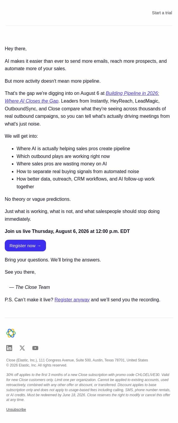 You’re invited: The AI plays building pipeline now email from Close screenshot