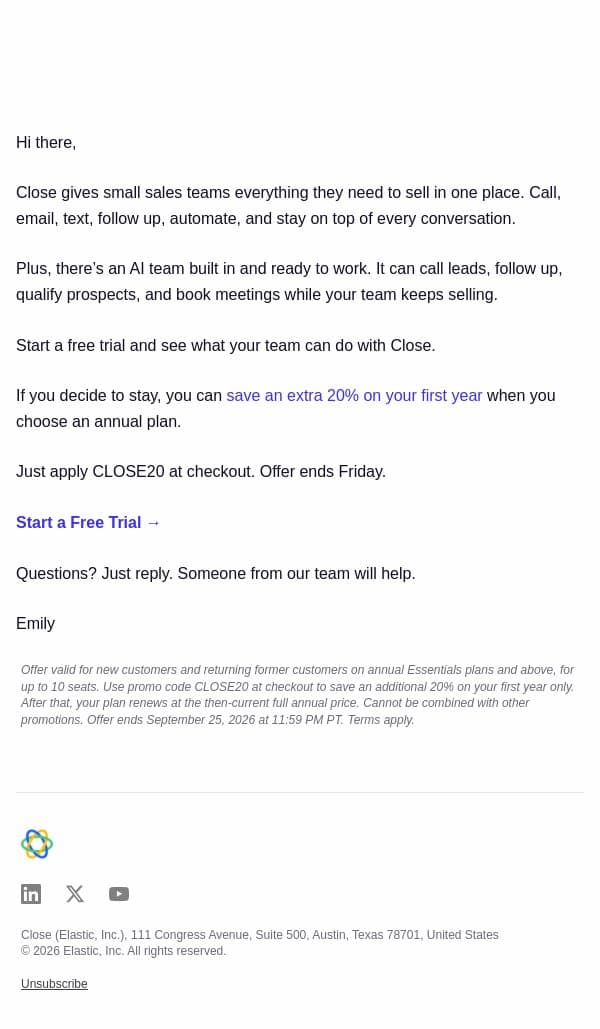 Sell like a much bigger team email from Close screenshot