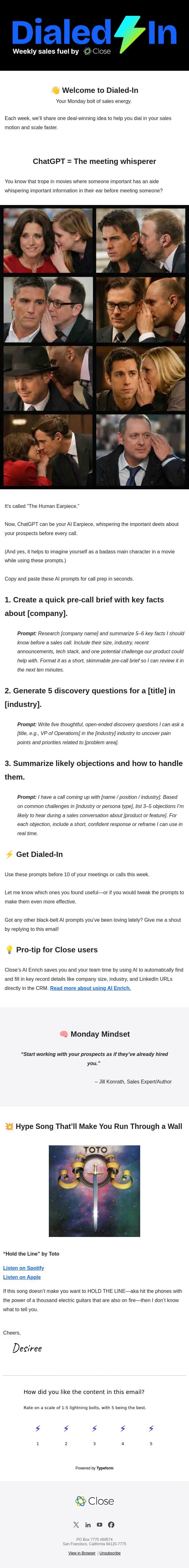 ChatGPT = The meeting whisperer email from Close screenshot