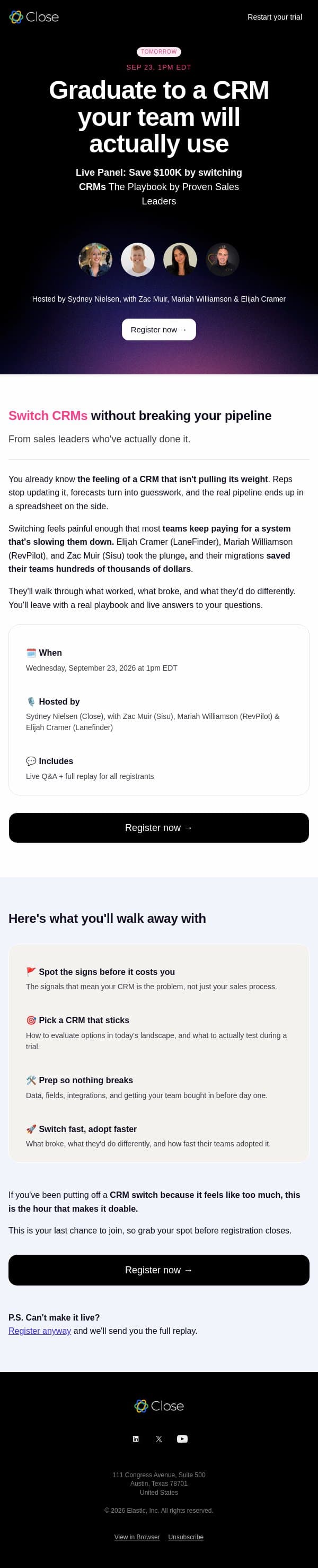 Last chance: Graduate to a CRM your team will actually use (Tomorrow!) email from Close screenshot