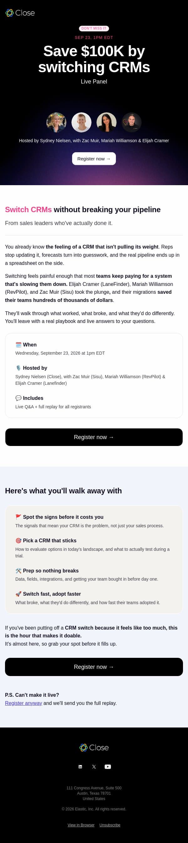 Almost here: Save $100K by switching CRMs (live Sep 23) email from Close screenshot
