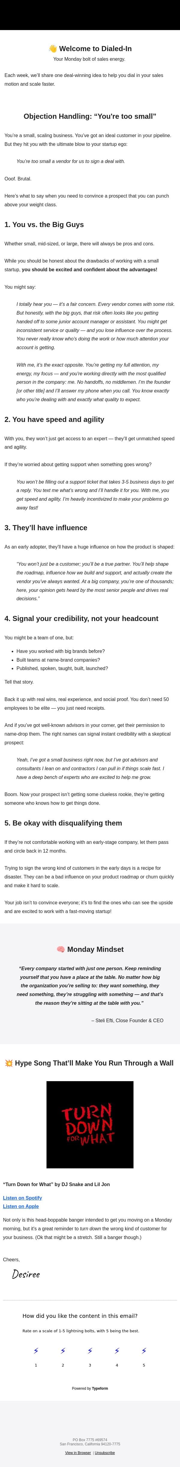 How to close deals as a small vendor email from Close screenshot