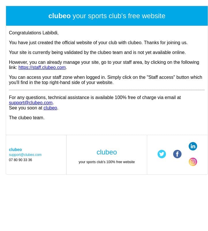 clubeo website creation by ada email from Clubeo screenshot