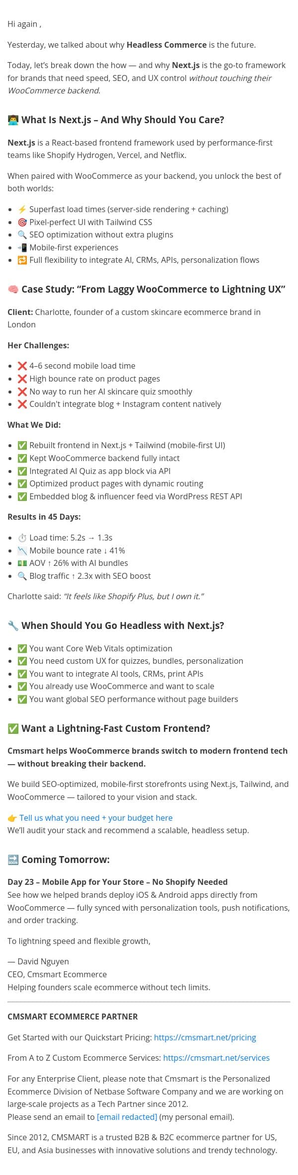 📩 Day 22 – Upgrade Your Storefront with Next.js (Without Rebuilding WooCommerce) email from CMSMART screenshot