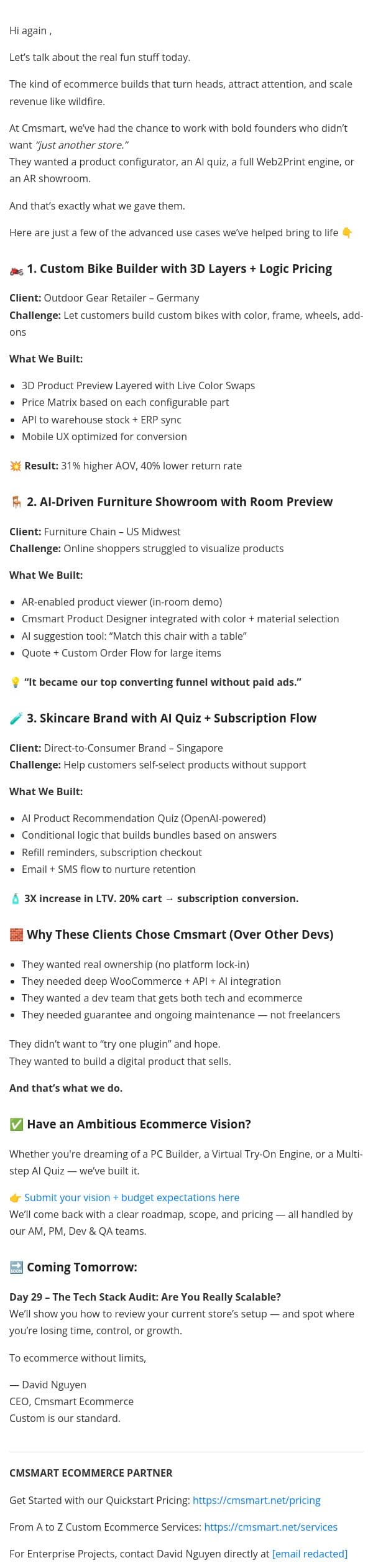 📩 Day 28 – Advanced Use Cases: From Bike Builders to AI Furniture Stores email from CMSMART screenshot