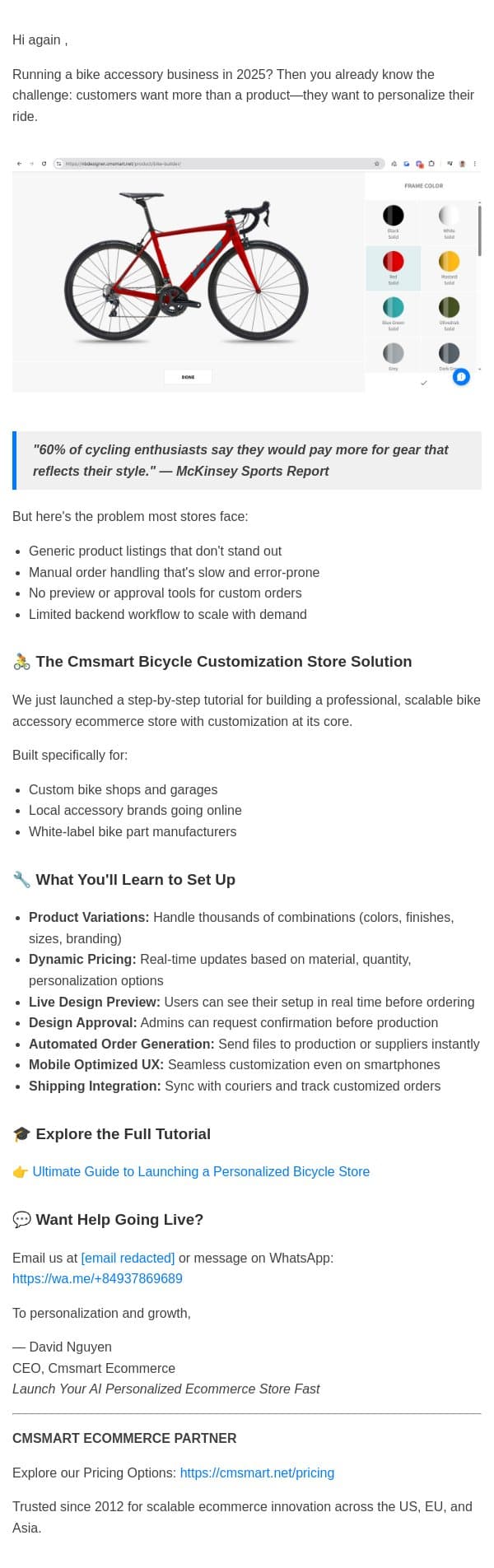 The Future of Bike Accessory Sales is Personalized — Here's How email from CMSMART screenshot