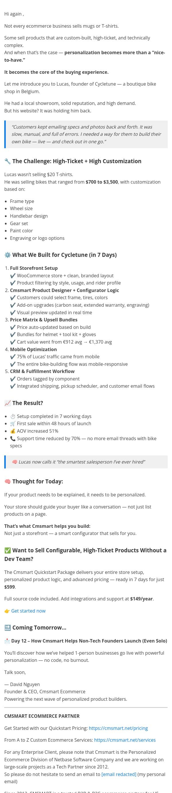 📩 Day 11 – From Zero to Bike Builder Store in 7 Days (High-Ticket Case Study) email from CMSMART screenshot
