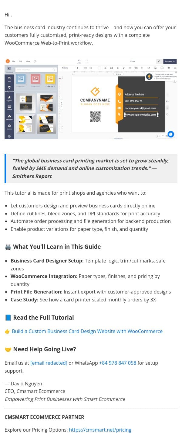 Launch a Custom Business Card Design Store with WooCommerce email from CMSMART screenshot