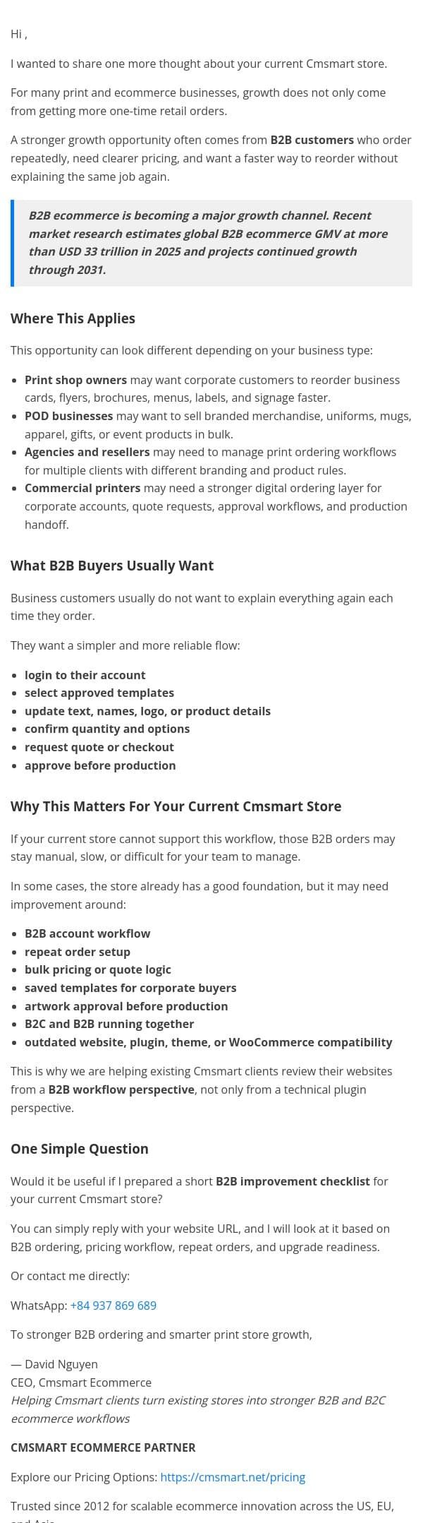Cmsmart note: Repeat business is where print stores grow email from CMSMART screenshot