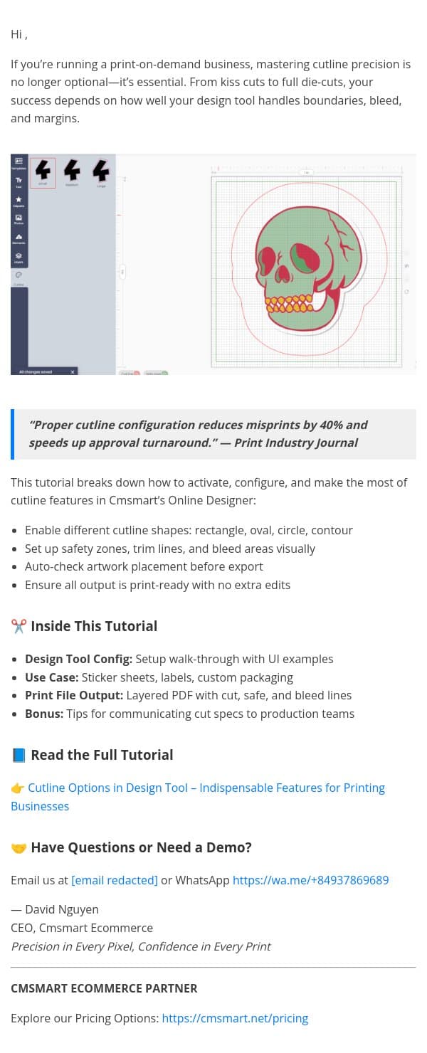Master Cutline Features for High-Precision Print Output email from CMSMART screenshot