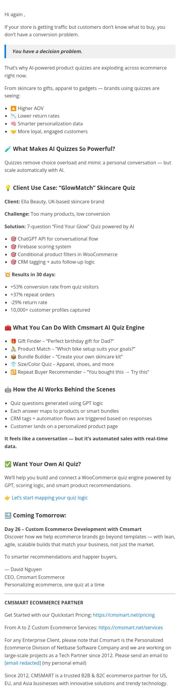 📩 Day 25 – Build an AI Quiz That Converts Like a Sales Rep (Skincare, Gifts & More) email from CMSMART screenshot