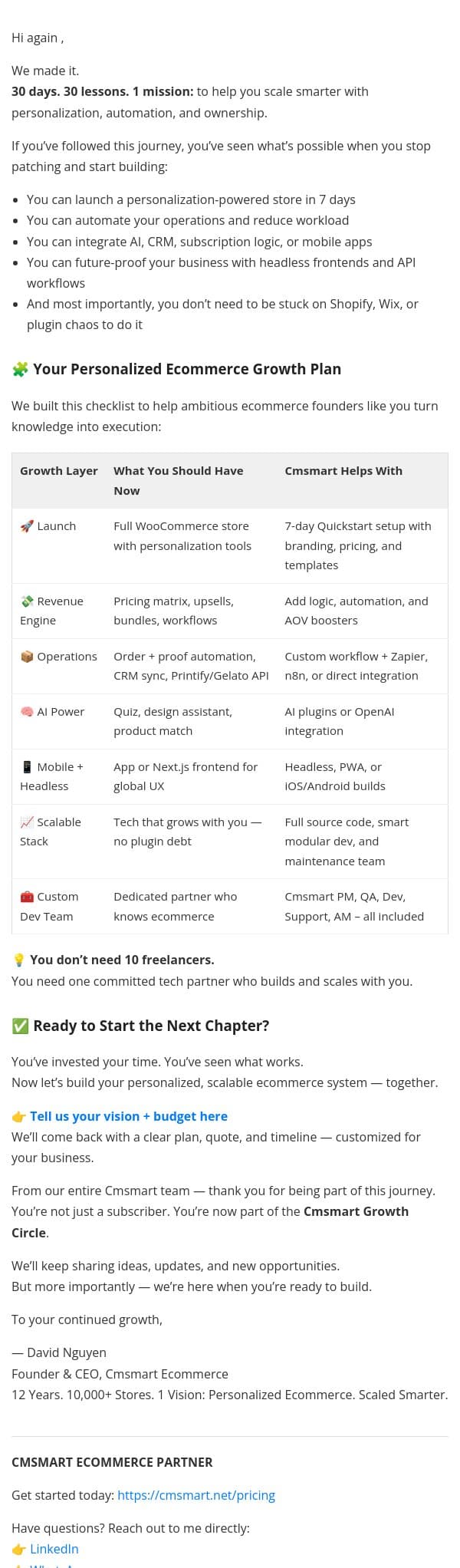 📩 Day 30 – Your Personalized Ecommerce Growth Plan: Let’s Build It Together email from CMSMART screenshot