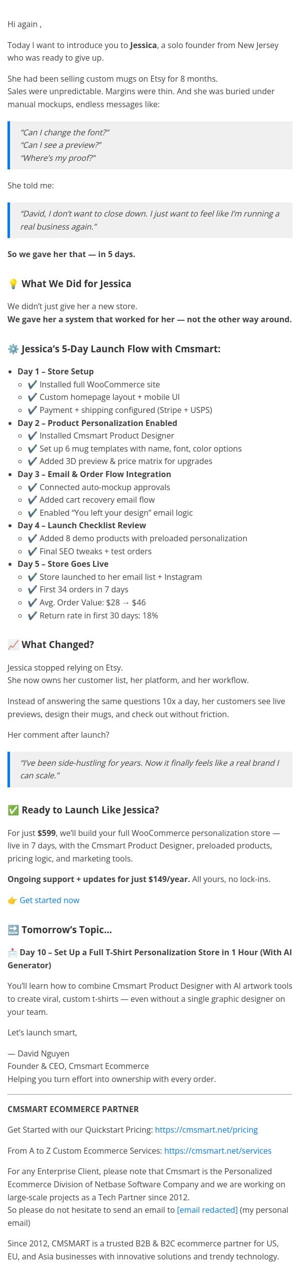 📩 Day 9 – From Zero to 34 Orders in 1 Week (Jessica’s Mug Store Makeover) email from CMSMART screenshot