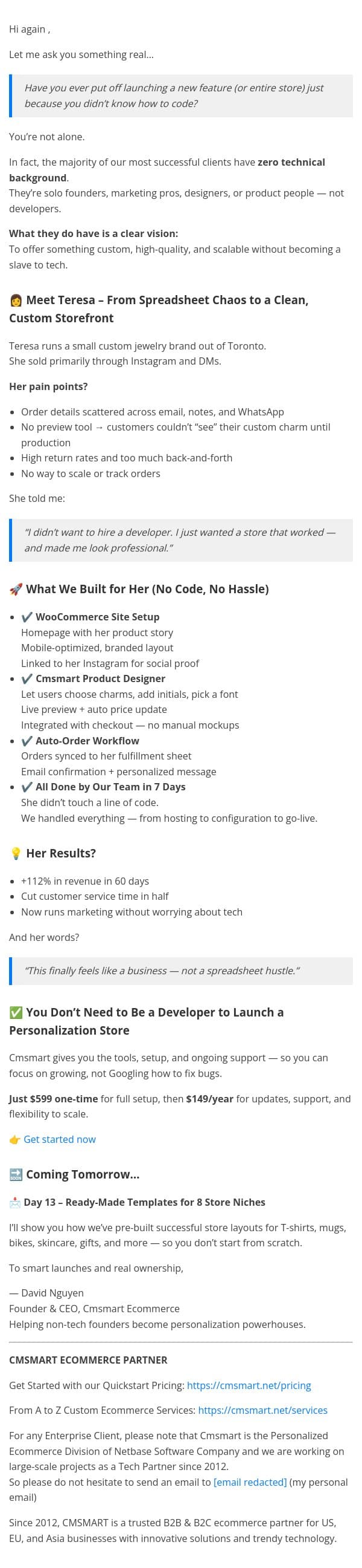 📩 Day 12 – How Cmsmart Helps Non-Tech Founders Launch (Even Solo) email from CMSMART screenshot