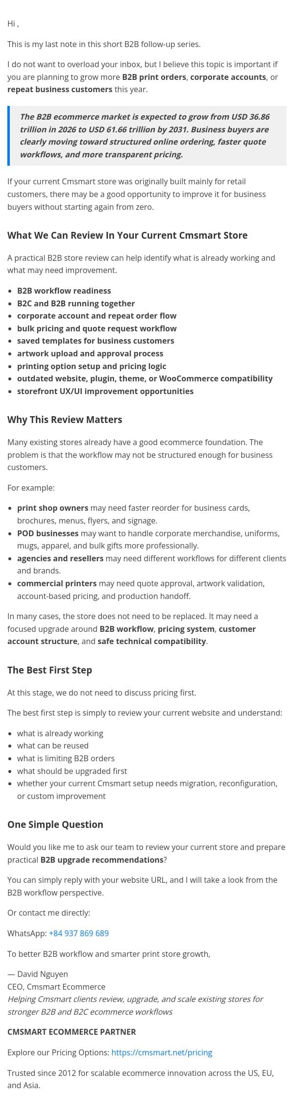 Last note about your Eommerce B2B opportunity email from CMSMART screenshot