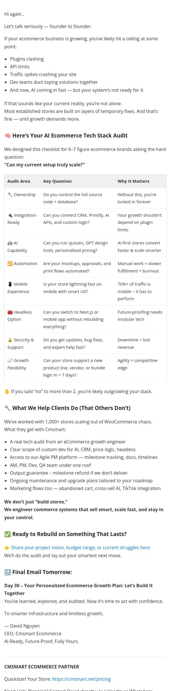 📩 Day 29 – The AI Ecommerce Tech Stack Audit: Are You Really Scalable? email from CMSMART screenshot