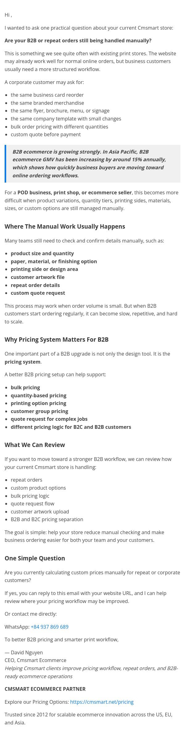 Can your B2C store handle B2B pricing automatically? email from CMSMART screenshot