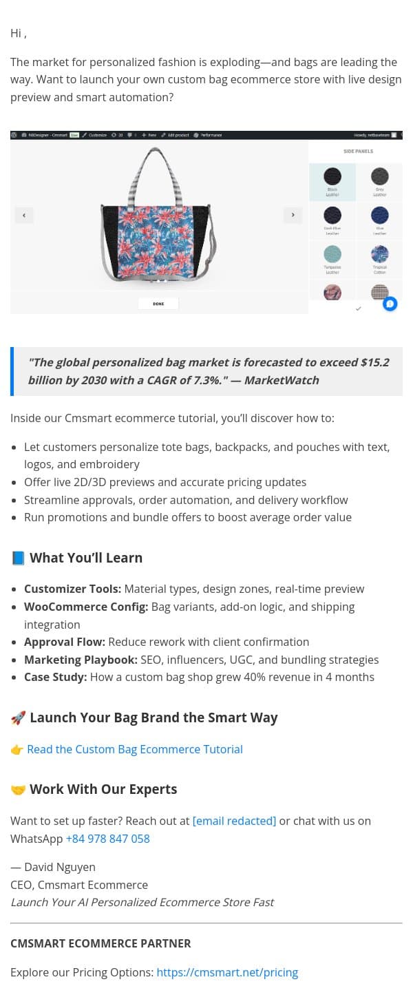 Start Selling Custom Bags Online with Live Design Preview email from CMSMART screenshot