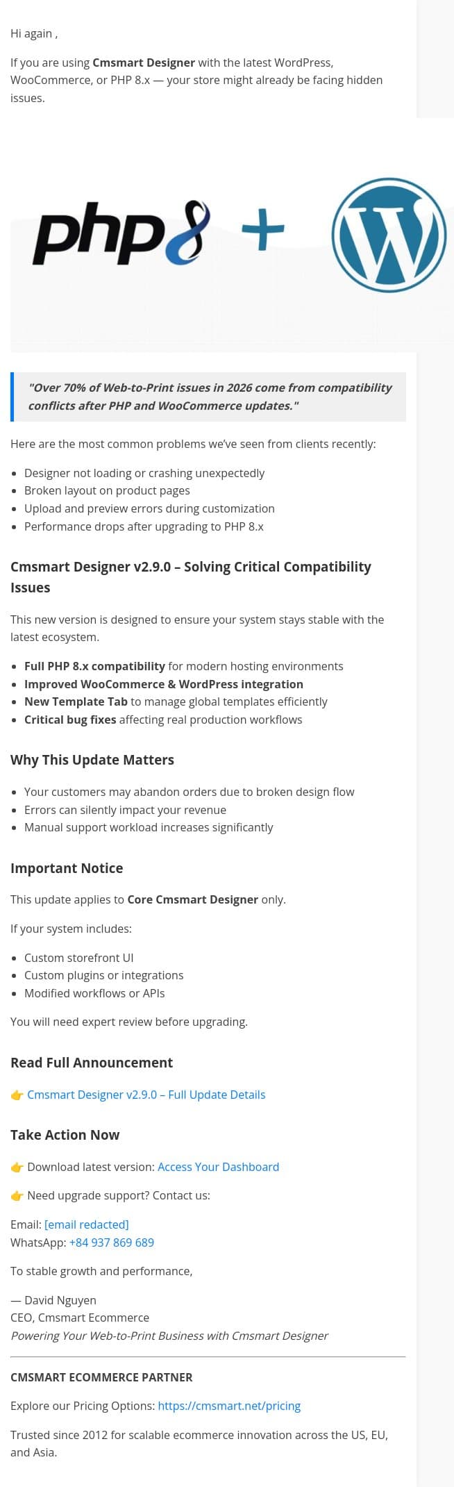 Cmsmart Designer may break on PHP 8.x – Fix it now (v2.9.0) email from CMSMART screenshot