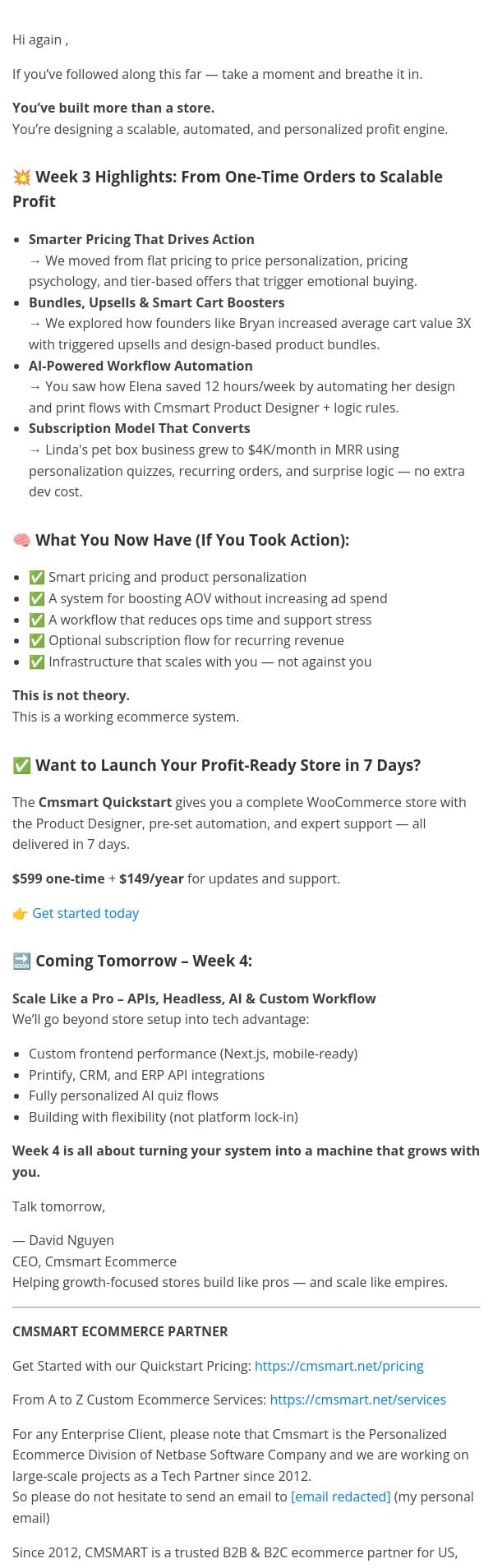 📩 Day 20 – Recap: Your Store Now Prints Money (Here’s What’s Next) email from CMSMART screenshot