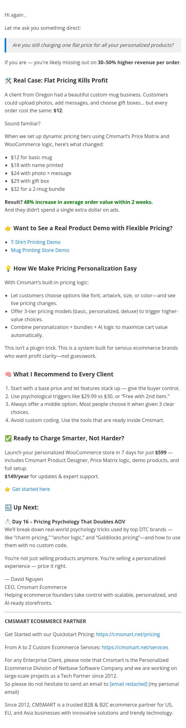 📩 Day 15 – Stop Guessing: Price Personalization Like a Pro email from CMSMART screenshot