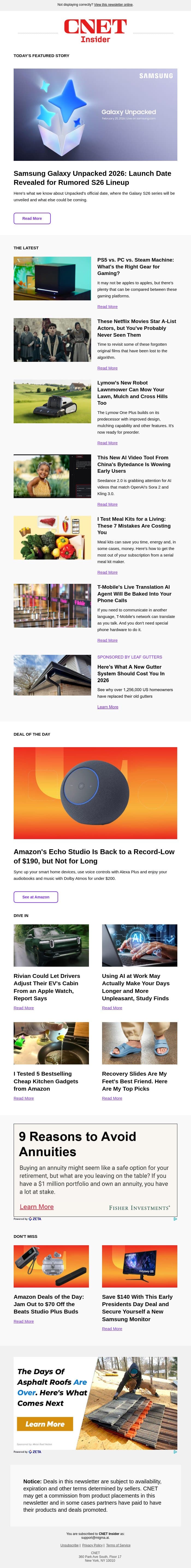 What to Expect at Samsung Galaxy Unpacked 2026 email from CNET screenshot