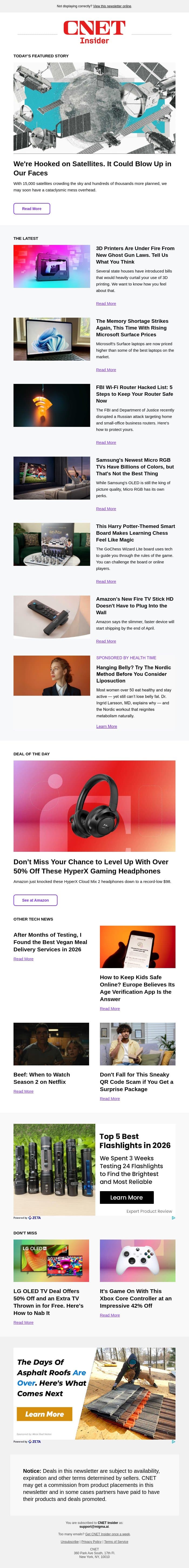We're Hooked on Satellites. It Could Blow Up in Our Faces email from CNET screenshot