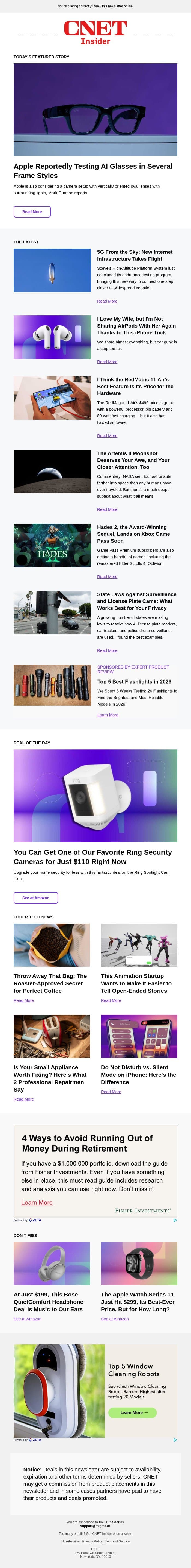 Apple Is Reportedly Testing AI Glasses in Several Frame Styles email from CNET screenshot