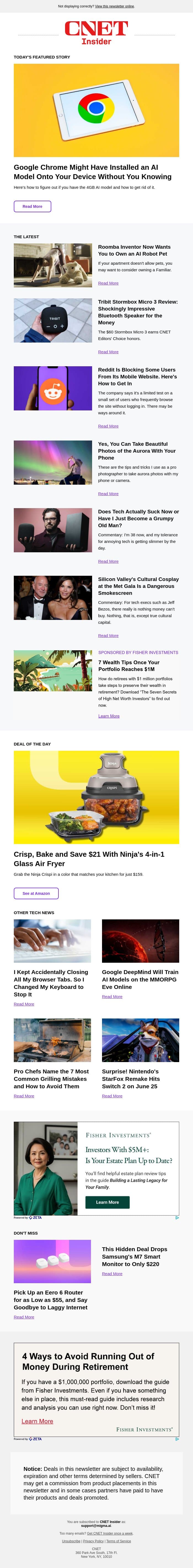 Did Google Chrome Install an AI Model Onto Your Device? email from CNET screenshot