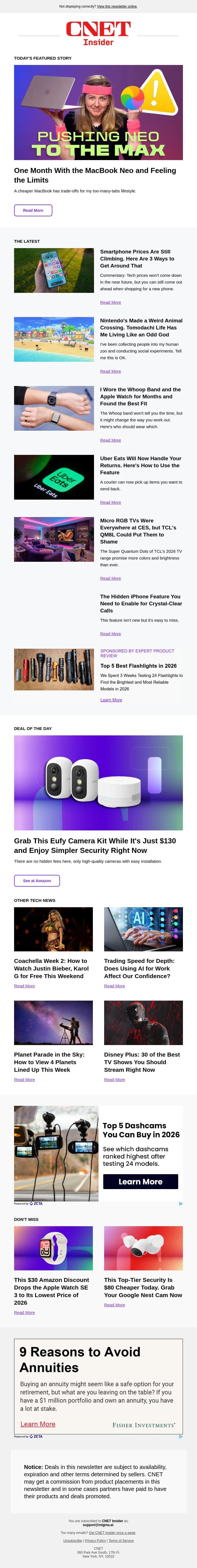 One Month With the MacBook Neo and Feeling the Limits email from CNET screenshot