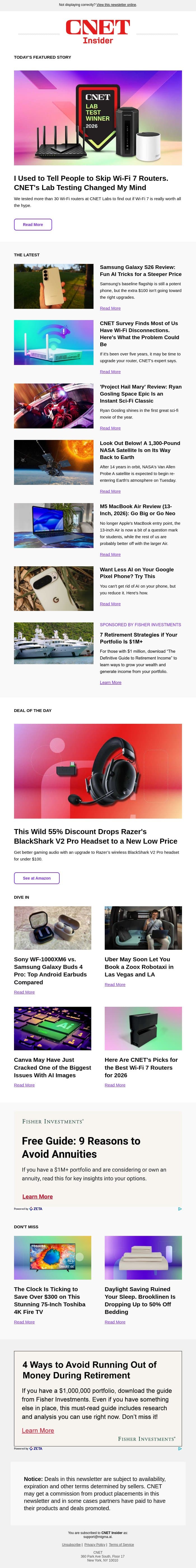 I Used to Hate Wi-Fi 7 Routers. Testing 30 Models Changed My Mind email from CNET screenshot