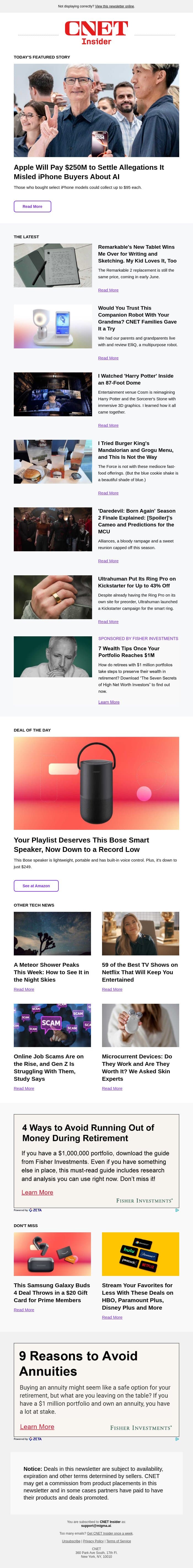 Apple Will Pay $250M to Settle Allegations It Misled iPhone Buyers About AI email from CNET screenshot