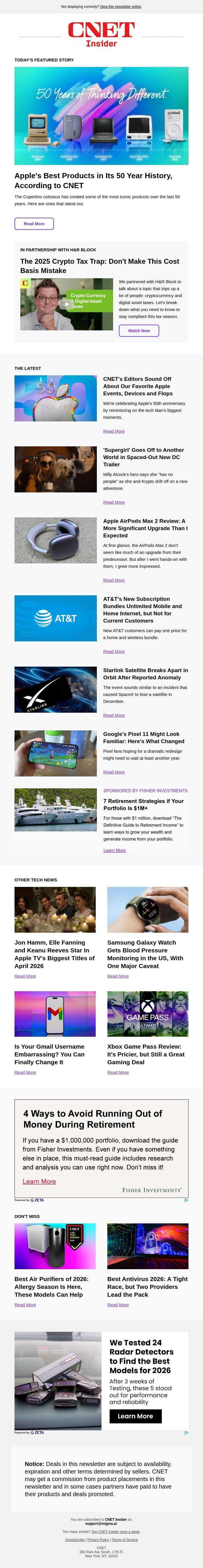 Apple's 50-Year Legacy of Product Innovation email from CNET screenshot