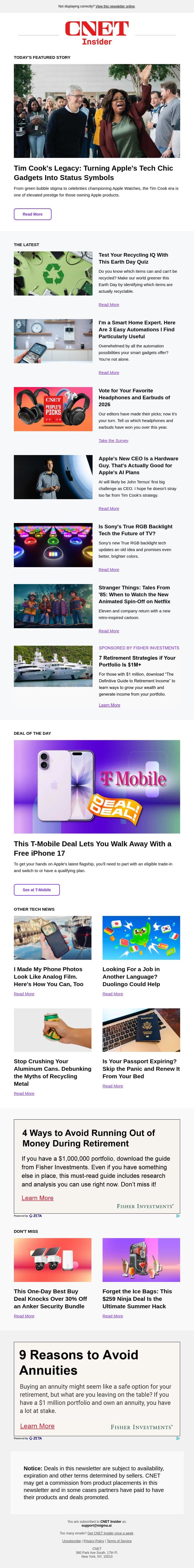 Tim Cook's Legacy: Turning Apple's Gadgets Into Status Symbols email from CNET screenshot
