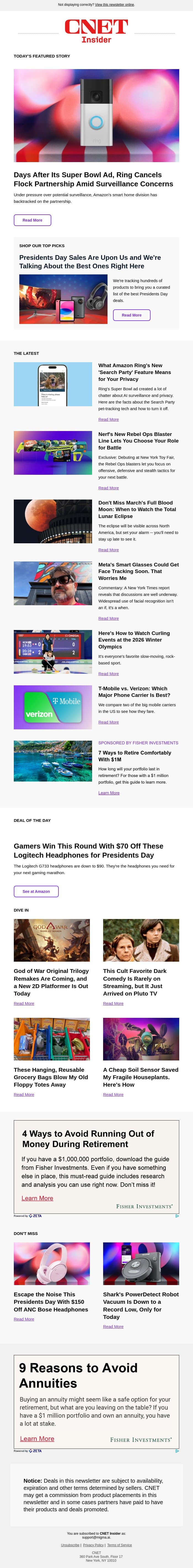 Ring Cancels Flock Partnership Amid Surveillance Concerns email from CNET screenshot