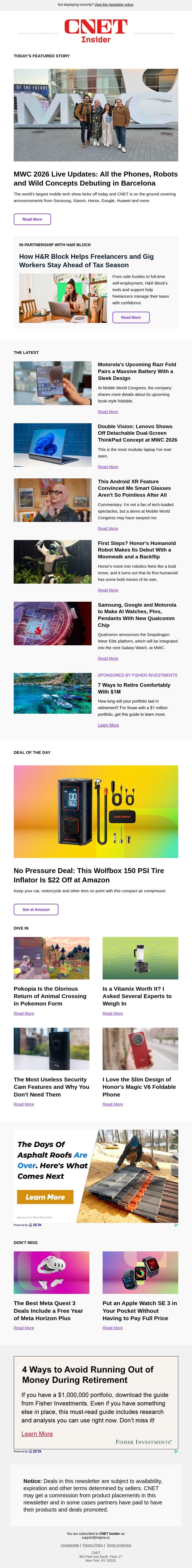 We're Bringing You Live Updates From Mobile World Congress 2026 email from CNET screenshot