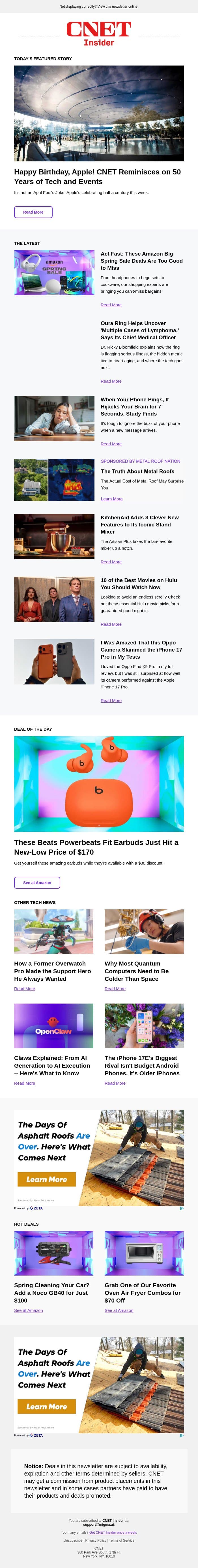 Happy Birthday, Apple! CNET Reminisces on 50 Years of Tech and Events email from CNET screenshot