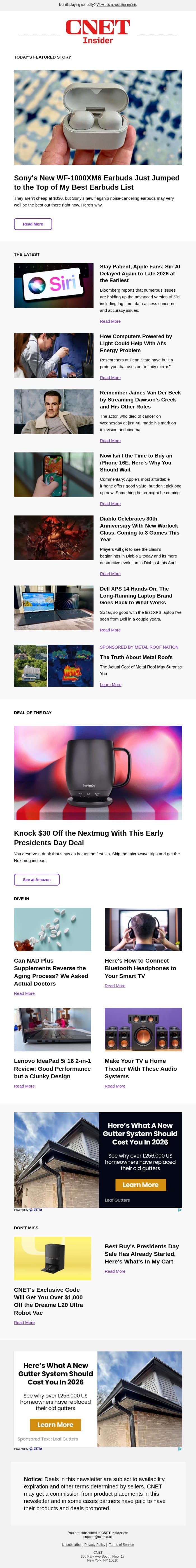 Sony's New Earbuds Just Jumped to the Top of My List email from CNET screenshot