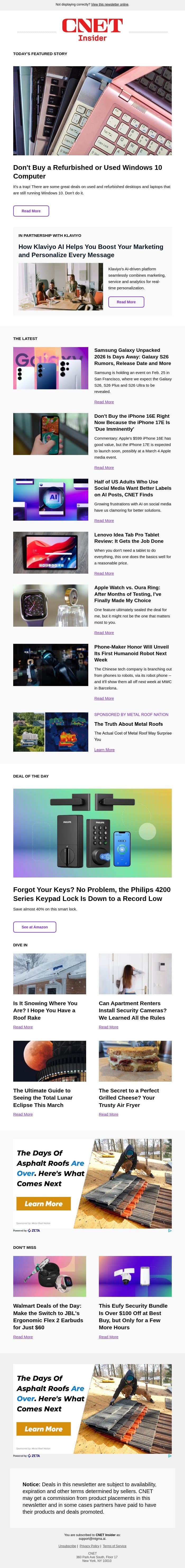 Don't Buy a Refurbished or Used Windows 10 Computer email from CNET screenshot