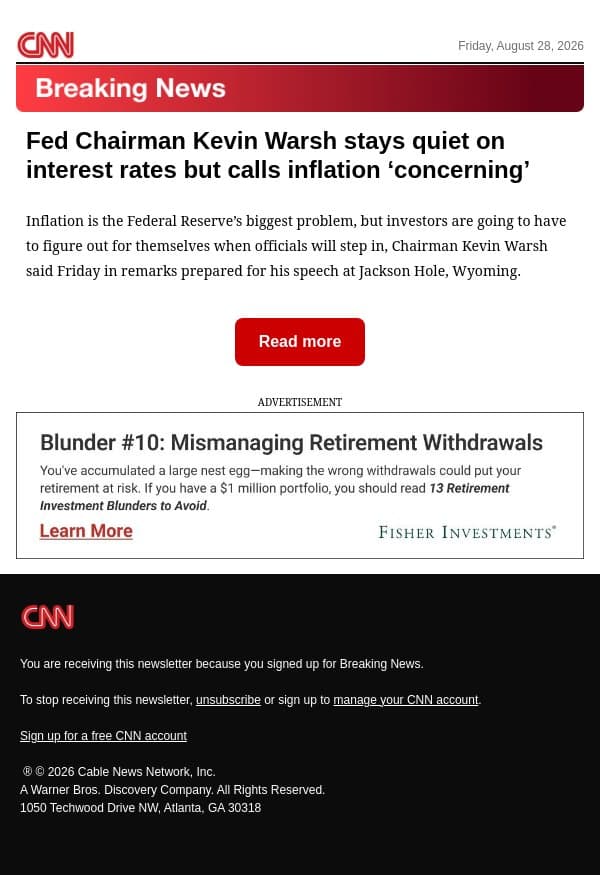 Fed Chairman Kevin Warsh stays quiet on interest rates but calls inflation ‘concerning’ email from CNN screenshot